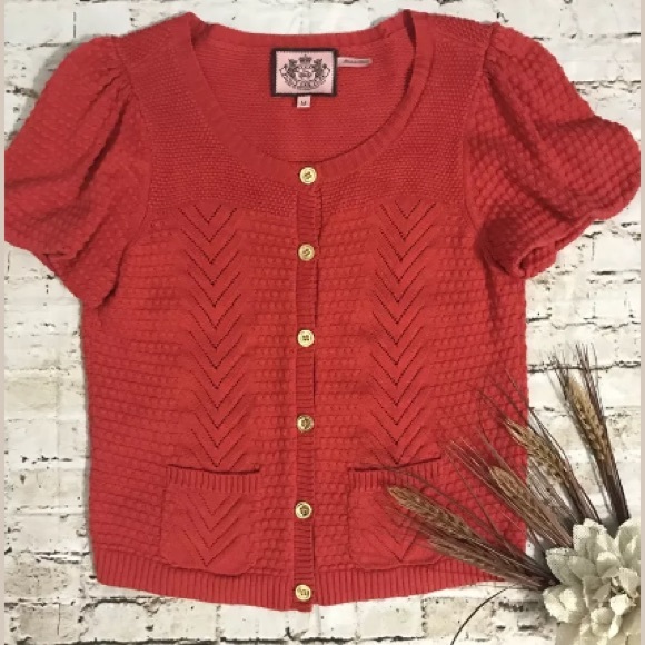 Juicy Couture Sweaters - Juicy Couture Red Cap Sleeves Eyelet Cardigan M